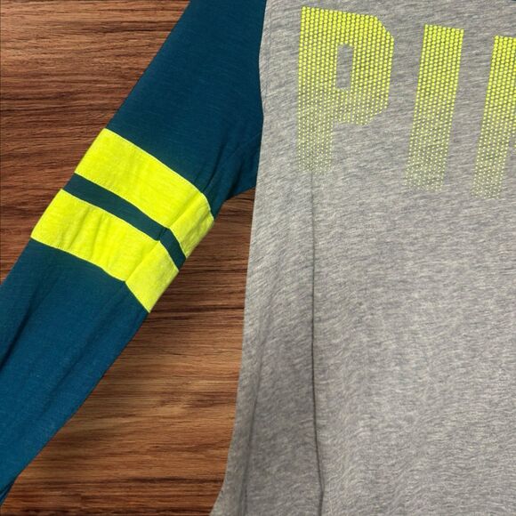 Victoria’s Secret PINK Long Sleeve Varsity Tee Gray Teal Neon Yellow XS - Picture 4 of 10